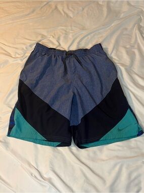 Vintage Nike Men's Blue Black Teal Colorblock Athletic Shorts